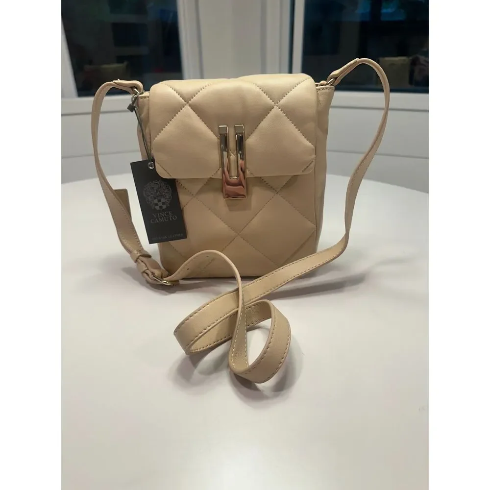 NWT Quilted Leather Crossbody Bag Cafe Beige Gold Hardware - One Size - Picture 2 of 8